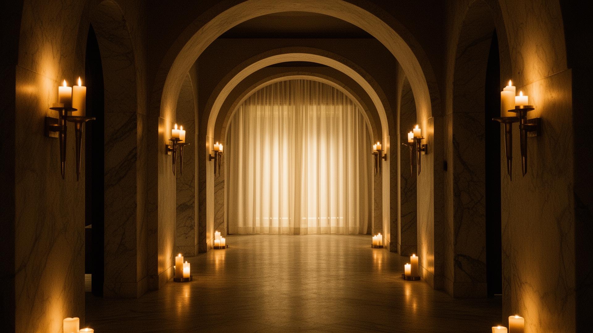 Candlelit marble corridor in a luxury spa
