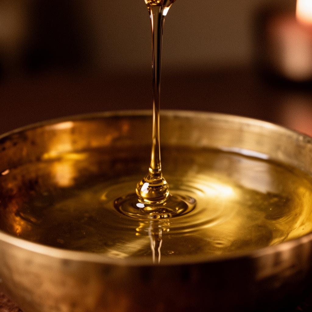 Golden oil pouring into brass bowl