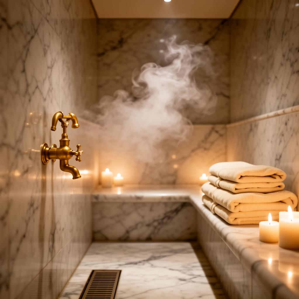 Marble hammam with golden faucet