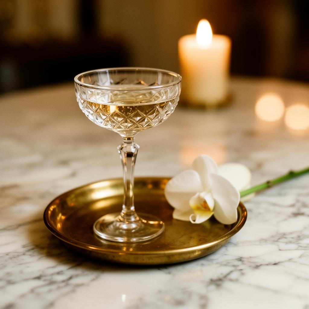 Crystal champagne coupe on brass tray