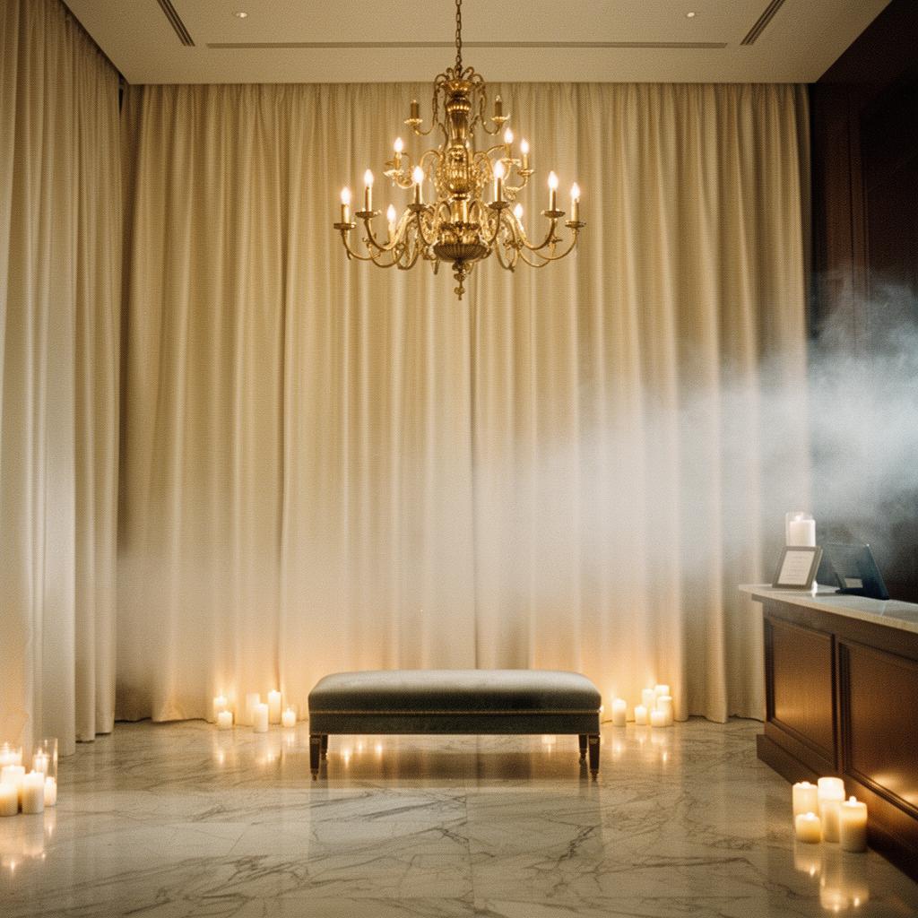 Cream silk curtains and chandelier in luxury spa lobby