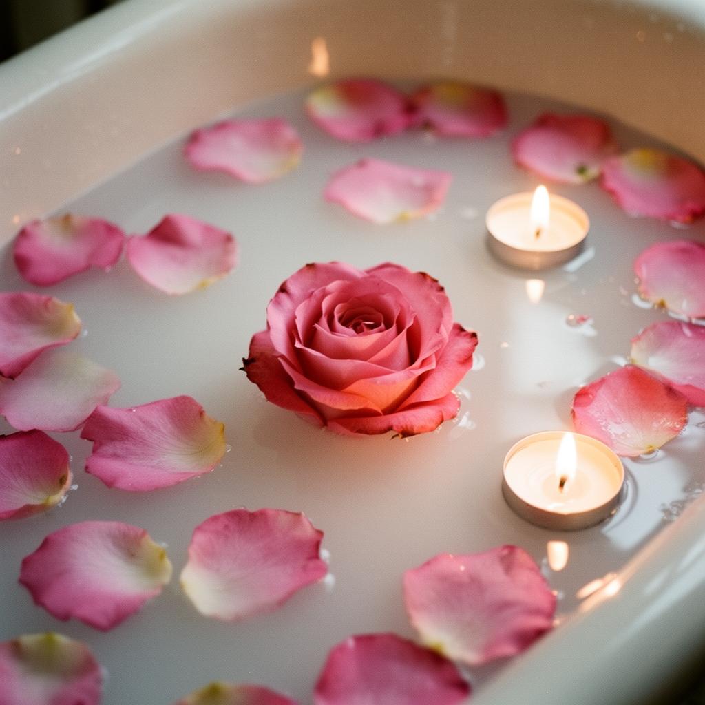 Rose petals on water with floating candles