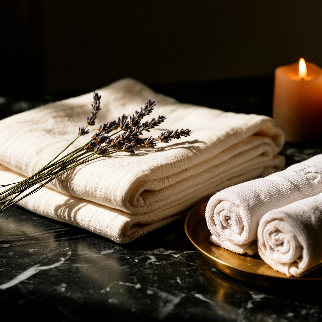 Folded cream linen towels with lavender