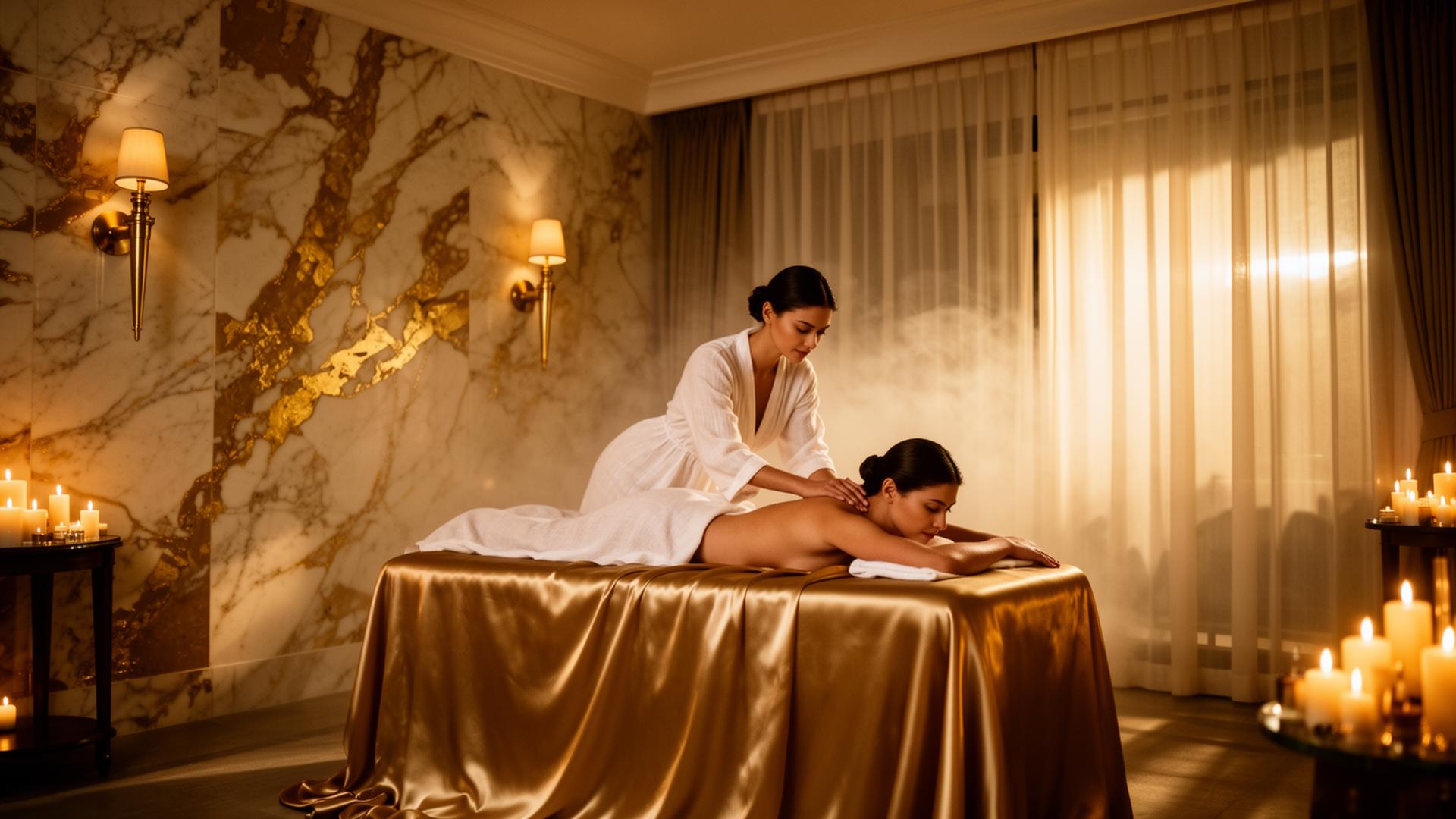 Candlelit luxury spa suite with marble walls and golden warmth