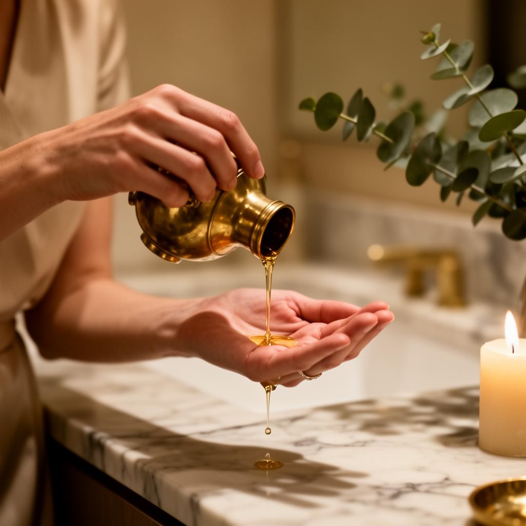 Therapist's hands pouring golden oil into an open palm
